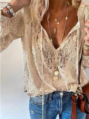 Boho Casual Solid V Neck Long Sleeve Regular Lace Patchwork Top - Image 3