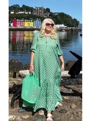 Boho Chic Loose Geometric V Neck 3/4 Sleeve Long Dress - Image 11