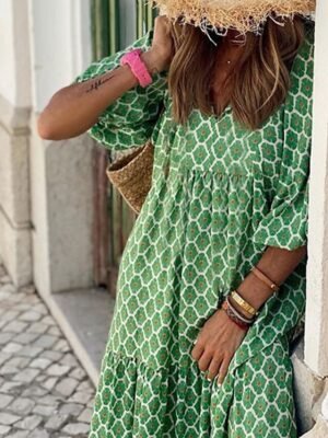 Boho Chic Loose Geometric V Neck 3/4 Sleeve Long Dress - Image 3