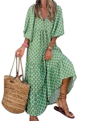 Boho Chic Loose Geometric V Neck 3/4 Sleeve Long Dress - Image 4