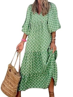 Boho Chic Loose Geometric V Neck 3/4 Sleeve Long Dress - Image 5