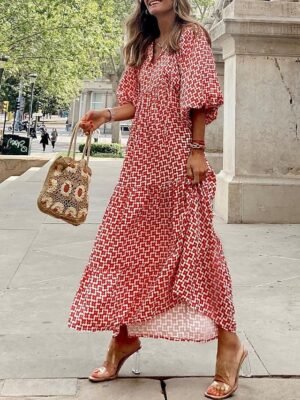 Boho Chic Loose Geometric V Neck 3/4 Sleeve Long Dress - Image 6