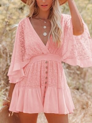 Boho Chic Regular Fit Lace V Neck 3/4 Sleeve Mini Dress - Image 10