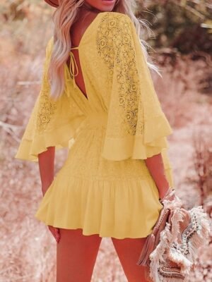 Boho Chic Regular Fit Lace V Neck 3/4 Sleeve Mini Dress - Image 12