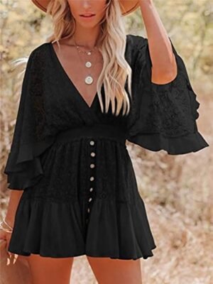 Boho Chic Regular Fit Lace V Neck 3/4 Sleeve Mini Dress - Image 16