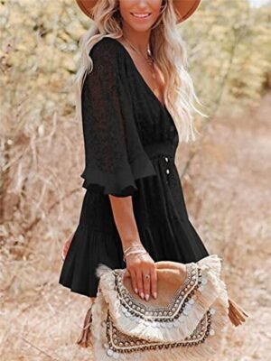 Boho Chic Regular Fit Lace V Neck 3/4 Sleeve Mini Dress - Image 17