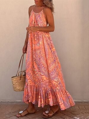 Boho Chic Regular Fit Leaf Halter Neck Sleeveless Maxi Dress - Image 1