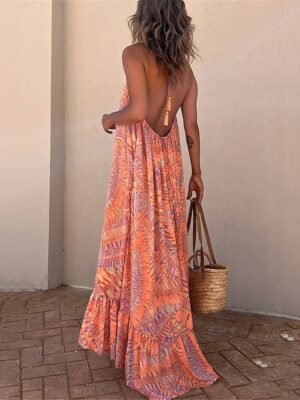 Boho Chic Regular Fit Leaf Halter Neck Sleeveless Maxi Dress - Image 2