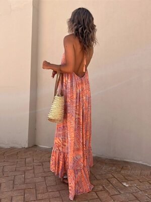 Boho Chic Regular Fit Leaf Halter Neck Sleeveless Maxi Dress - Image 3