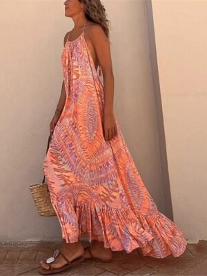 Boho Chic Regular Fit Leaf Halter Neck Sleeveless Maxi Dress - Image 4