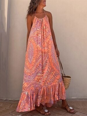Boho Chic Regular Fit Leaf Halter Neck Sleeveless Maxi Dress - Image 5