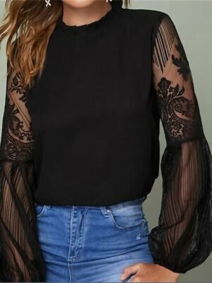 Boho Classic Lace Mesh Patchwork Lantern Sleeve Blouse - Image 1