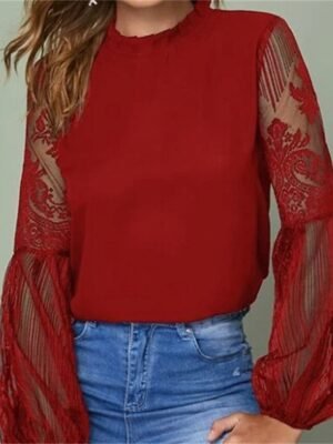 Boho Classic Lace Mesh Patchwork Lantern Sleeve Blouse - Image 2