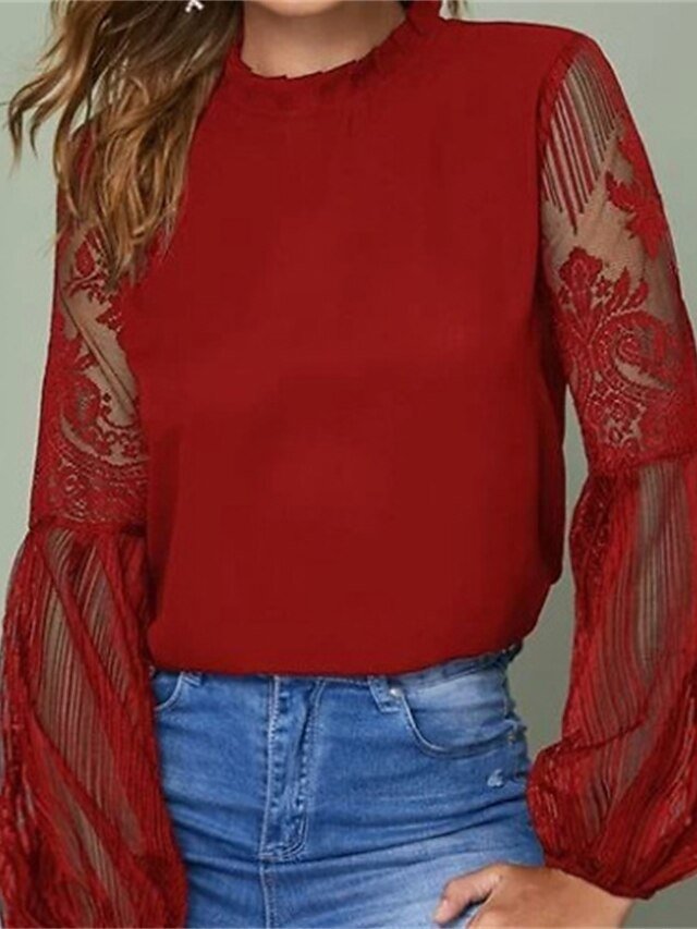 Boho Classic Lace Mesh Patchwork Lantern Sleeve Blouse - Image 2