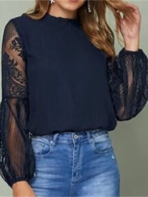 Boho Classic Lace Mesh Patchwork Lantern Sleeve Blouse - Image 3