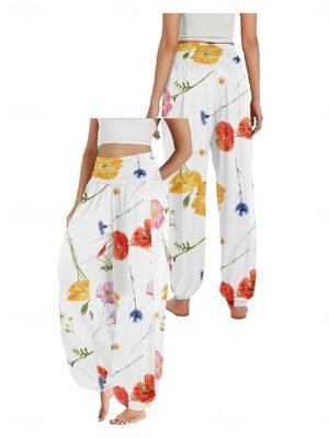 Boho Ethnic High Waist Floral Full Length Wide Leg Trousers - Image 3