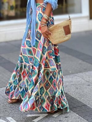 Boho High Waist Floral Geometric Maxi Skirt - Image 2
