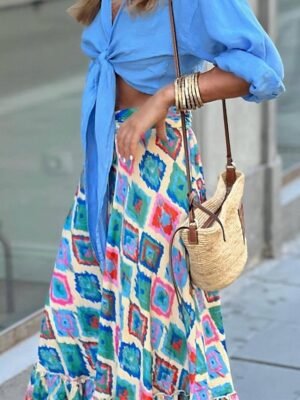 Boho High Waist Floral Geometric Maxi Skirt - Image 3