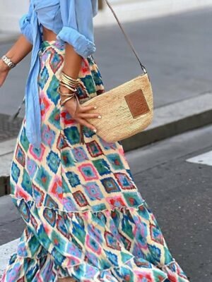 Boho High Waist Floral Geometric Maxi Skirt - Image 4