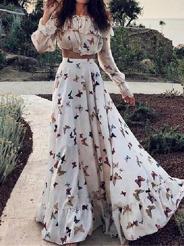 Boho Loose Butterfly Off Shoulder Long Sleeve Maxi Dress - Image 1