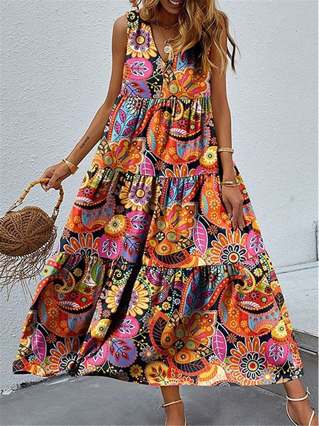 Boho Loose Fit Floral Paisley V Neck Sleeveless Maxi Dress - Image 1