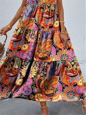 Boho Loose Fit Floral Paisley V Neck Sleeveless Maxi Dress - Image 3