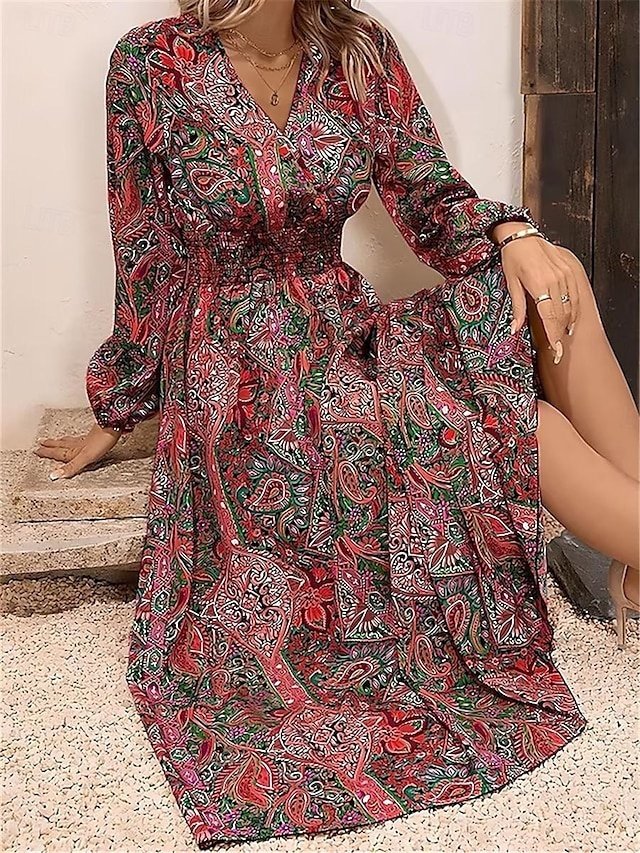 Boho Loose Fit Floral V Neck Long Sleeve Maxi Dress - Image 2