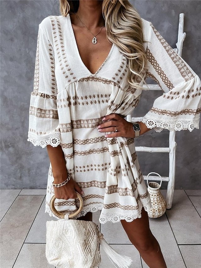 Boho Loose Fit Geometric V Neck Long Sleeve Mini Dress - Image 2