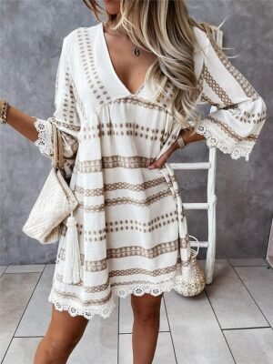 Boho Loose Fit Geometric V Neck Long Sleeve Mini Dress - Image 4