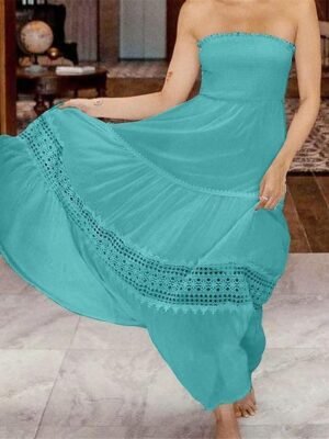 Boho Loose Fit Lace Strapless Sleeveless Maxi Dress - Image 4