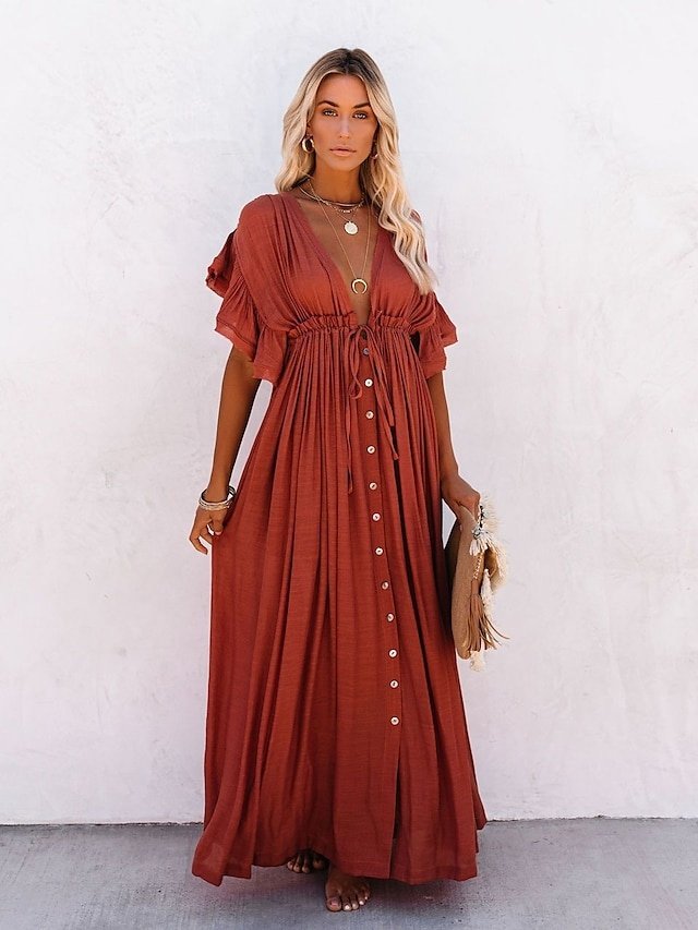 Boho Loose Fit Pure Colour V Neck Long Sleeve Maxi Dress - Image 1