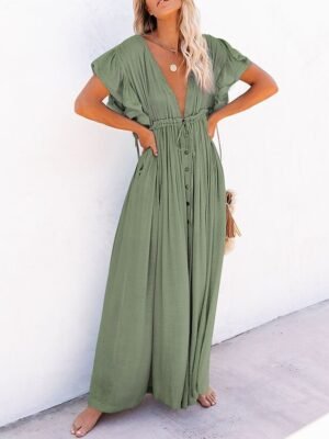 Boho Loose Fit Pure Colour V Neck Long Sleeve Maxi Dress - Image 10