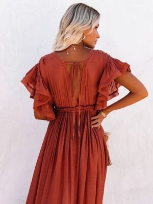 Boho Loose Fit Pure Colour V Neck Long Sleeve Maxi Dress - Image 4