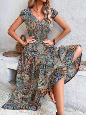 Boho Loose Floral Paisley V Neck Short Sleeve Maxi Dress - Image 7