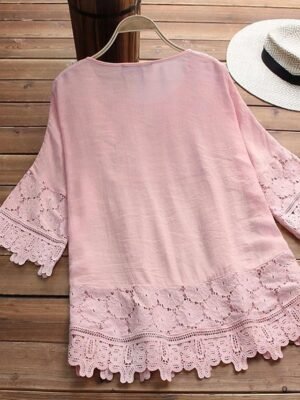 Boho Loose Floral Round Neck Short Sleeve Lace Blouse - Image 4