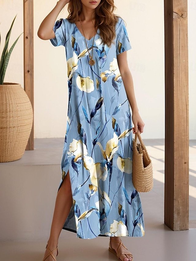 Boho Loose Floral V Neck Short Sleeve Maxi Dress - Image 1