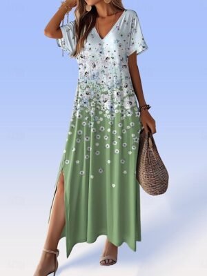 Boho Loose Floral V Neck Short Sleeve Maxi Dress - Image 8