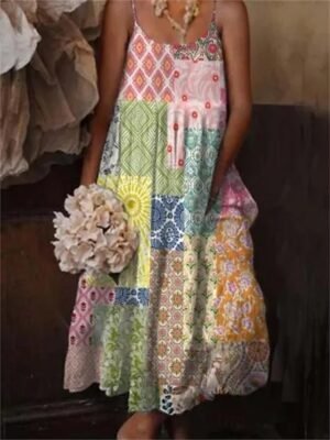 Boho Loose Geometric Floral Spaghetti Strap Maxi Sundress - Image 1