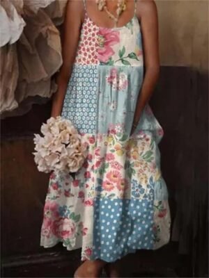 Boho Loose Geometric Floral Spaghetti Strap Maxi Sundress - Image 3