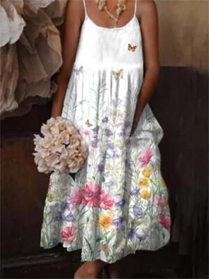 Boho Loose Geometric Floral Spaghetti Strap Maxi Sundress - Image 4