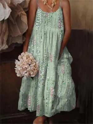 Boho Loose Geometric Floral Spaghetti Strap Maxi Sundress - Image 5