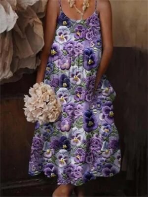 Boho Loose Geometric Floral Spaghetti Strap Maxi Sundress - Image 6