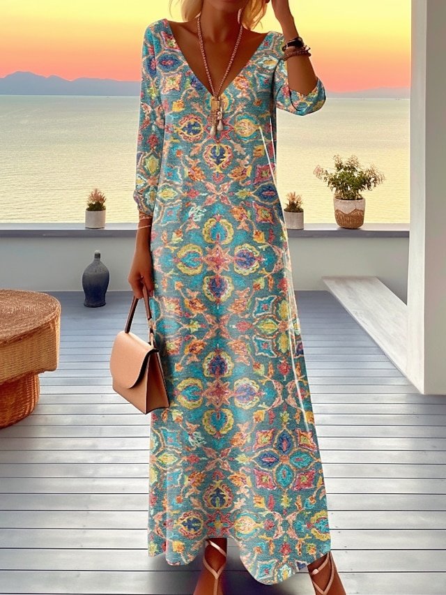 Boho Loose Graphic Print V Neck Long Sleeve Maxi Dress - Image 1