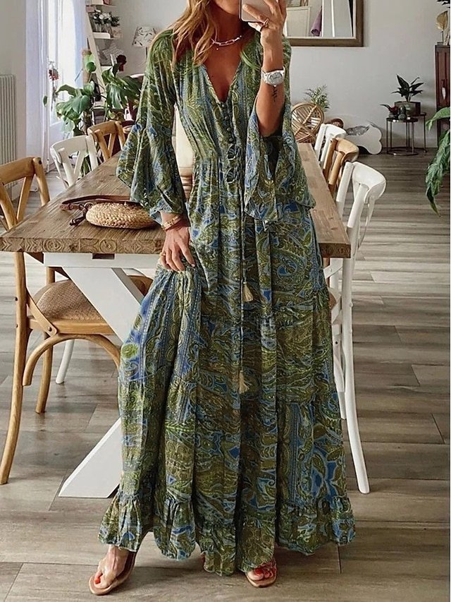 Boho Loose Graphic V Neck Flared Sleeve Maxi Dress - Image 2