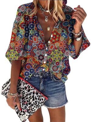 Boho Loose Graphic V Neck Long Sleeve Blouse - Image 1