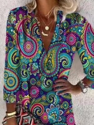 Boho Loose Paisley V Neck Long Sleeve Midi Dress - Image 2