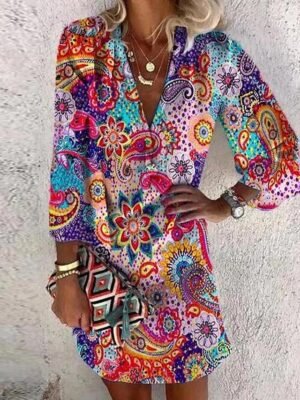 Boho Loose Paisley V Neck Long Sleeve Midi Dress - Image 4