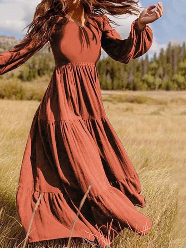 Boho Loose Pure Colour V Neck Long Sleeve Maxi Dress - Image 1
