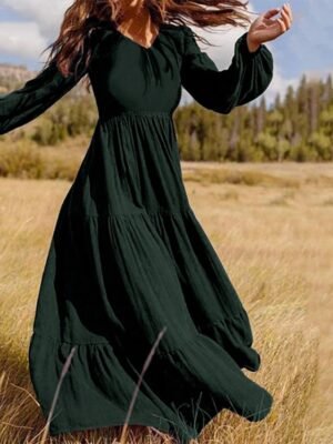 Boho Loose Pure Colour V Neck Long Sleeve Maxi Dress - Image 3