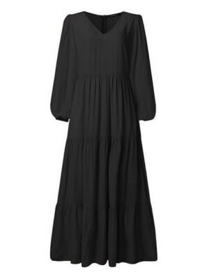 Boho Loose Pure Colour V Neck Long Sleeve Maxi Dress - Image 5